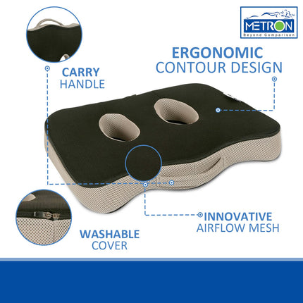 METRON Socket Seat Cushion | Sit Bone Pressure Relief Cushion for Butt Lower Back Hamstrings Hips Ischia Tuberosity & Tailbone |Soft Supportive Memory Foam | Universal & Unisex Fit Size | Pack of 1
