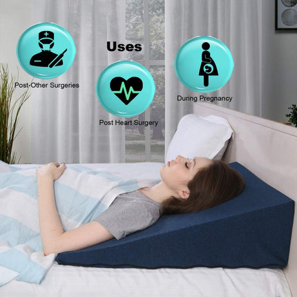 METRON Bed Wedge Pillow For Acid Reflux Gerd For Back Support & Restful Sleep- Medium Firm Support, Medical-Grade Sponge – Easy To Clean Removable Soft Fabric Cover - Medium Size 18X18X8 Inches, Blue