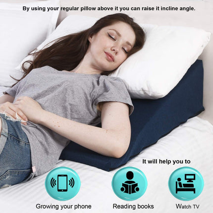 METRON Bed Wedge Pillow For Acid Reflux Gerd For Back Support & Restful Sleep- Medium Firm Support, Medical-Grade Sponge – Easy To Clean Removable Soft Fabric Cover - Medium Size 18X18X8 Inches, Blue