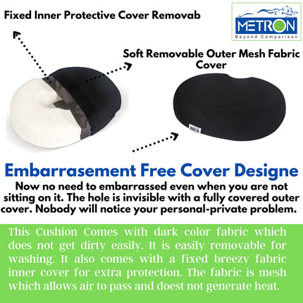 METRON Donut Pillow for Tailbone Pain Relief  Helps in Pregnancy Coccyx Piles Hemorrhoid & Postpartum  Orthopedic Ring Seat Cushion for Fistula  Extra Thick  Medium Firm  Embarrassment-Free Cover  Pack of 1