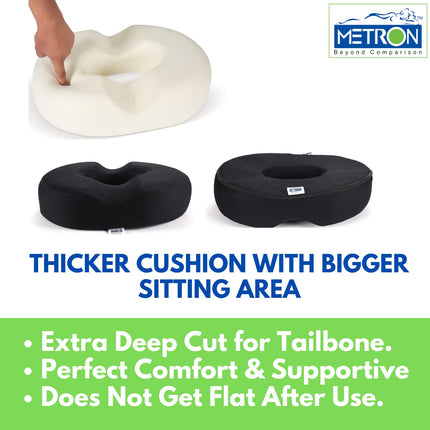 METRON Donut Pillow for Tailbone Pain Relief  helps in Pregnancy Coccyx Piles Hemorrhoid & Postpartum  Orthopedic Ring Seat Cushion for Fistula  Extra Thick  Medium Firm  Removable Washable Cover