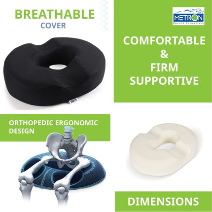 METRON Donut Pillow for Tailbone Pain Relief  helps in Pregnancy Coccyx Piles Hemorrhoid & Postpartum  Orthopedic Ring Seat Cushion for Fistula  Extra Thick  Medium Firm  Removable Washable Cover