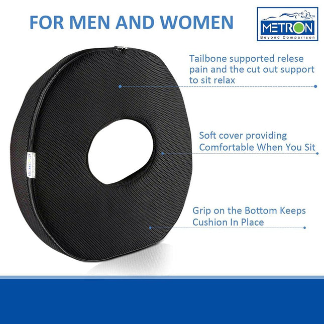 METRON Memory Foam Soft Donut Seat Cushion for Lower Back Tailbone Sciatica Coccyx Hemorrhoid Piles Pain Pressure Relief for Office Desk Chair Car Plane Wheelchair  Color-Black