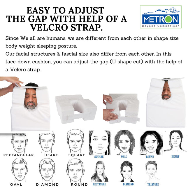 METRON Face Down Pillow For Sleeping Lying Face Down For Massage Post Surgery Or Reduce Pressure&Corrects Spine PositionFlat Side For Men&Cut Designed Side For WomenLight Grey Color,Foam,Medium