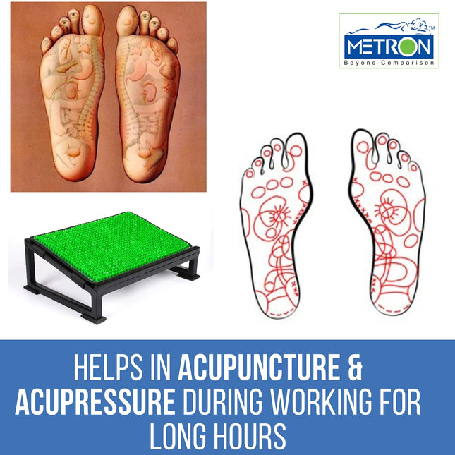 Metron Metal Foot Rest Stool Under The Desk with Removable Acupressure Massage Accumat Plastic Top Sheet  Relieve Foot Pain and Improves Blood Circulation  Color Black Metal Base  Pack of 1