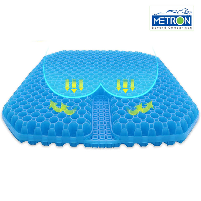 METRON Tailbone Pain Relief Gel Seat Cushion for Sitting Long Hours |Breathable & Supportive | Double Honey Comb Design | with Non-Slip Cover | Suitable for All Type of Chairs