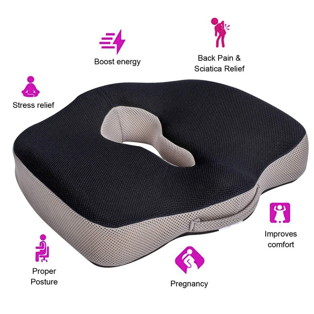 METRON Memory Foam Soft Donut Seat Cushion for Lower Back Tailbone Sciatica Coccyx Hemorrhoid Piles Pain Pressure Relief for Office Desk Chair Car Plane Wheelchair Color-Black &Grey, pack of 1