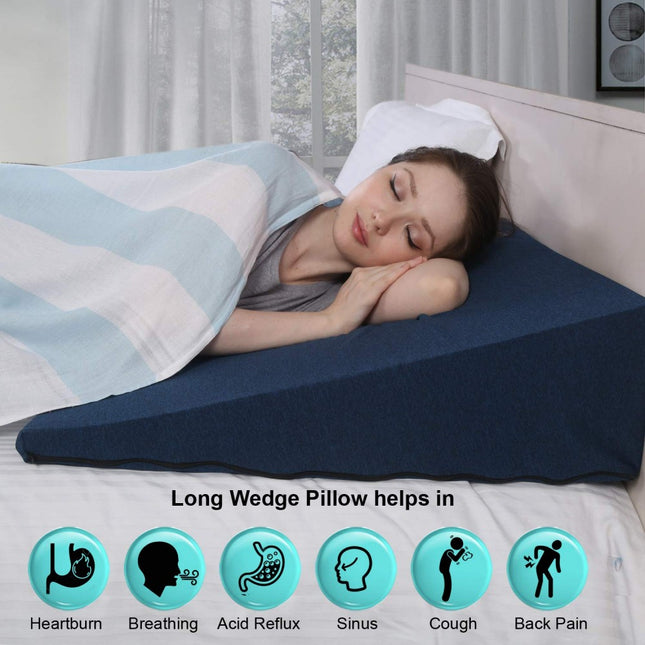 METRON Bed Wedge Pillow For Acid Reflux Gerd For Back Support & Restful Sleep- Medium Firm Support, Medical-Grade Sponge – Easy To Clean Removable Soft Fabric Cover - Medium Size 18X18X8 Inches, Blue