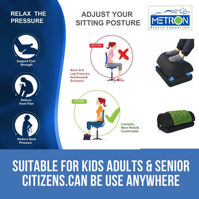 Adjustable Foot Rest for Under Desk for Added Height with Removable Plastic Grass Mat  Ergonomic for Office Chair & Under Table  Washable Cover  Color Black Base  Pack of 1