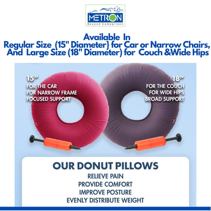 METRON Inflatable Donut Seat Cushion for Haemorrhoids Piles Fistula Postpartum Post Surgery 15-inch Diameter Ring Shape Air Donut Pillow for Tailbone Pain Relief  for Office Car Home Travel