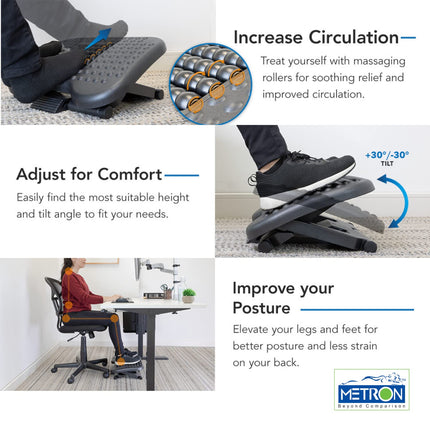 Metron Ergonomic Adjustable Office Footrest Desk | Foot Rest Under Table Chair with Massage Roller & Texture with 3 Height Position and 30-Degree Tilt Angle Easy Adjustment for Home Office