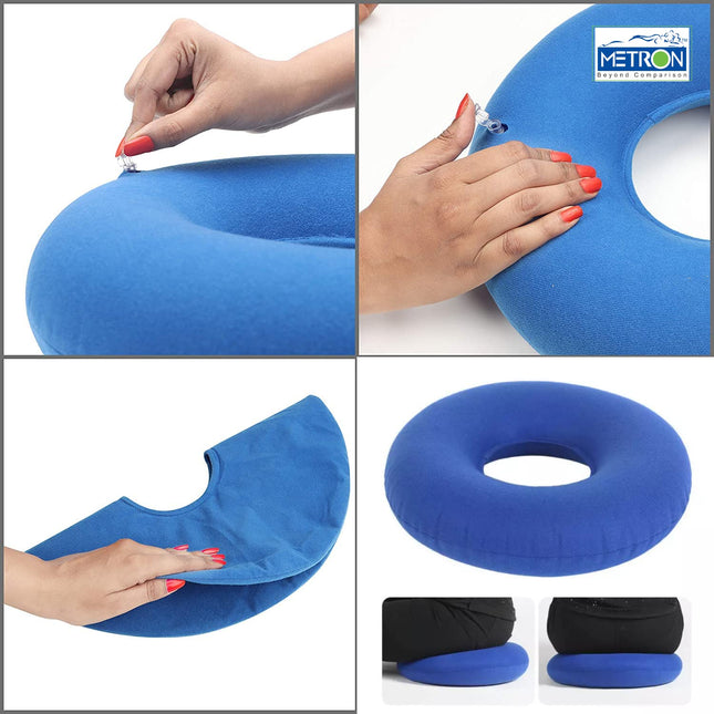 Metron Inflatable Donut Seat Cushion For Haemorrhoids Piles Fistula Postpartum Post Surgery17-Inch Diameter Ring Shape Air Pillow Tailbone Pain ReliefFor Office Car Home Travel - Plastic,Blue