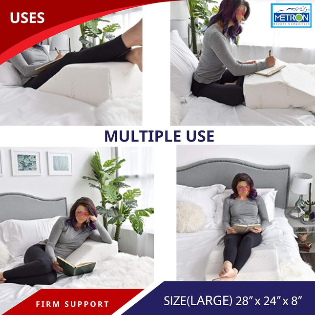 METRON Large SizeOrthopedic Bed Wedge Elevated Leg PillowFoam Wedge For Leg Elevation Reduces Back Pain & Improves Blood CirculationFirm SupportiveZipper Washable CoverColor WhitePack of 1