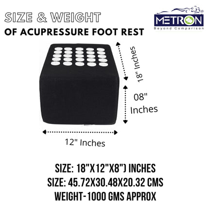 Acupressure foot rest specifications showing sponge material mesh fabric anti skid base and stimulators