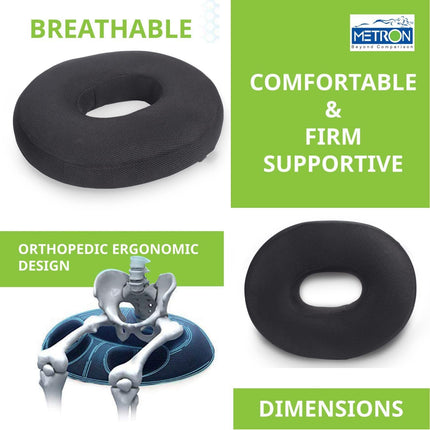 METRON-Donut Ring Cushion Pillow for Piles Haemorrhoid Helps in Pain Relief of Coccyx Sciatica Pregnancy Fistula Post Natal Surgery Relief Seat CushionBlack  Pack of 1, Sponge High Density, foam