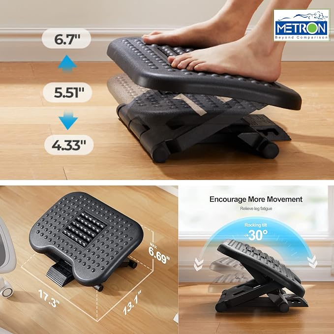 Metron Ergonomic Adjustable Office Footrest Desk Foot Rest Under Table Chair with Massage Roller Texture with Height Position and 30-Degree Tilt