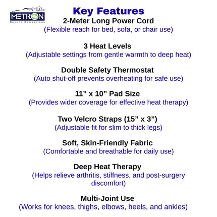 Metron Electric Knee Heating Pad for Joint Pain Relief, Arthritis and Stiffness, Heat Pad for Knee Pain Relief and Post-Surgery Recovery, Adjustable Knee Belt with Auto Shut-Off, Multi-Use for Elbow and Ankle