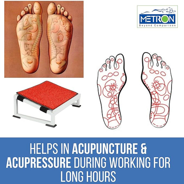 Metron Metal Foot Rest Stool Under The Desk with Removable Acupressure Massage Accumat Plastic Top Sheet | Relieve Foot Pain and Improves Blood Circulation | Color White Metal Base | Pack of 1