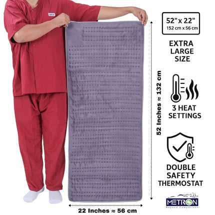Metron Extra Large Heating Pad 52"x22" for Full Body Pain Relief and Winter Bed Warmer, Electric Heat Pad for Back Legs Shoulders and Period Comfort with 3 Heat Settings, Fast Heating and Soft Quilted Fabric