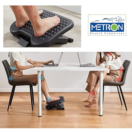 Metron Ergonomic Adjustable Office Footrest Desk | Foot Rest Under Table Chair with Massage Roller & Texture with 3 Height Position and 30-Degree Tilt Angle Easy Adjustment for Home Office