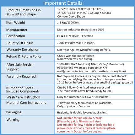 METRON-Contour Memory Foam Bed Pillow for Sleeping Helps in Spondylitis Cervical Neck Pain & Stiffness