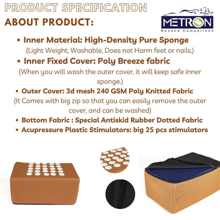 Acupressure foot rest showing high density sponge mesh fabric and anti skid base design