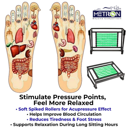Acupressure foot rest stimulates pressure points to improve blood circulation and reduce foot stress during long sitting
