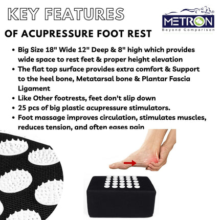 Acupressure foot rest specifications showing sponge material mesh fabric anti skid base and stimulators