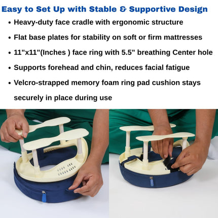 adjustable face down pillow with stand showing different height legs memory foam cushion and stable base plates
