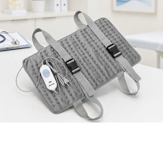 Electric heating pad for back pain relief at home, doctor recommended heat therapy for muscle stiffness and lower back discomfort, trusted comfort solution by Metron