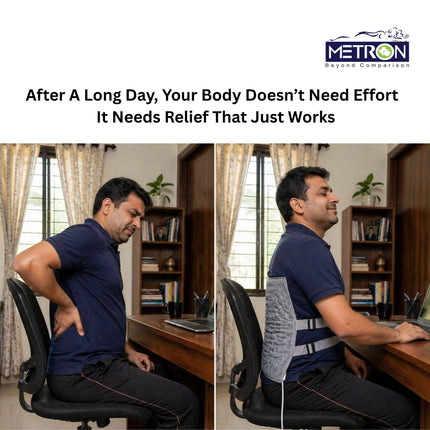 Daily body pain relief heating pad after long work day, reduces fatigue and muscle tension for home relaxation by Metron