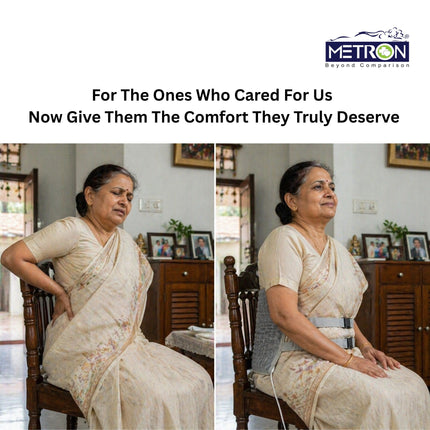 Back pain relief solution for elderly at home using heating pad, gentle heat therapy for stiffness and daily comfort support by Metron