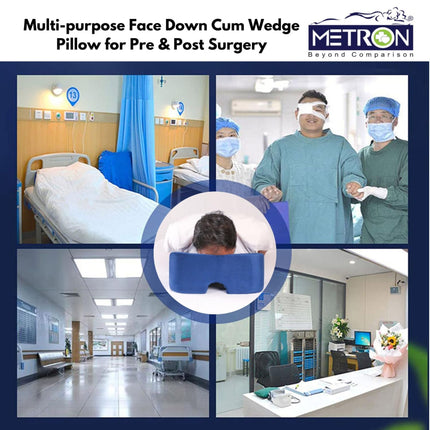 face down wedge pillow for pre and post eye surgery recovery shown for hospital and home prone support use