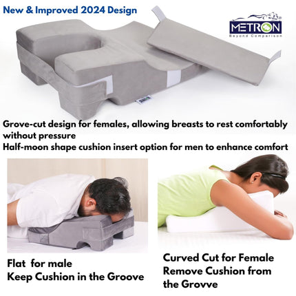 face down pillow design for men and women showing flat support and curved cut for enhanced comfort during prone positioning