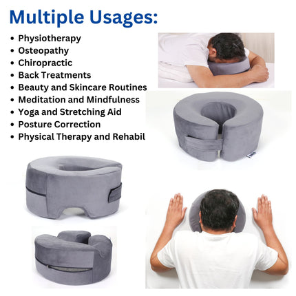 face down pillow used for physiotherapy massage and post surgery recovery including eye surgery and back pain relief"