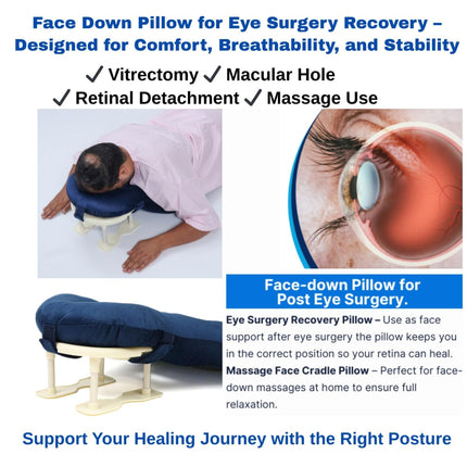 multi angle view of face down pillow showing ergonomic face ring breathing space and sturdy support base