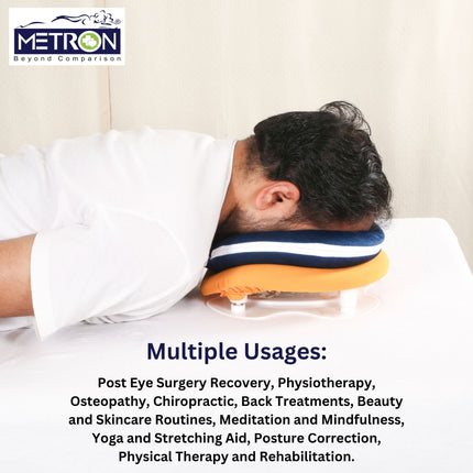 Multi purpose face down pillow used for post eye surgery recovery physiotherapy chiropractic and prone positioning support after retinal surgery