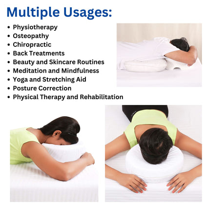 Face down pillow for physiotherapy posture correction rehabilitation and recovery support including eye surgery prone positioning