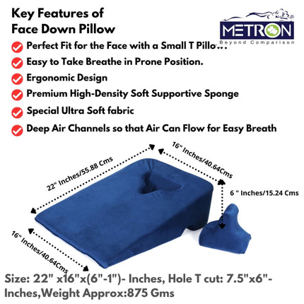 wedge face down pillow features showing breathable T cut design ergonomic shape size and supportive foam construction