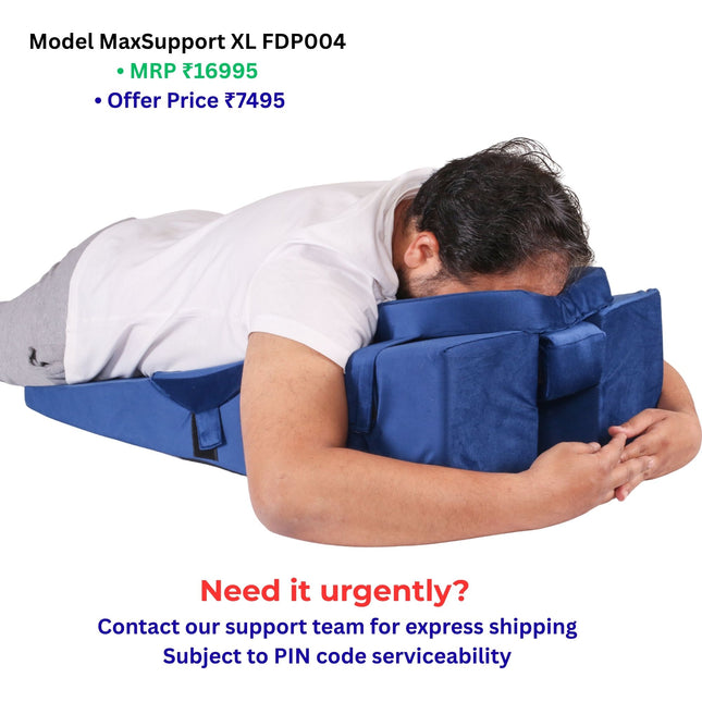 person lying on metron face down on prone pillow showing proper posture support for recovery
