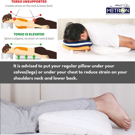 Correct face down positioning after retinal detachment surgery showing spine alignment and reduced neck strain using recovery pillow