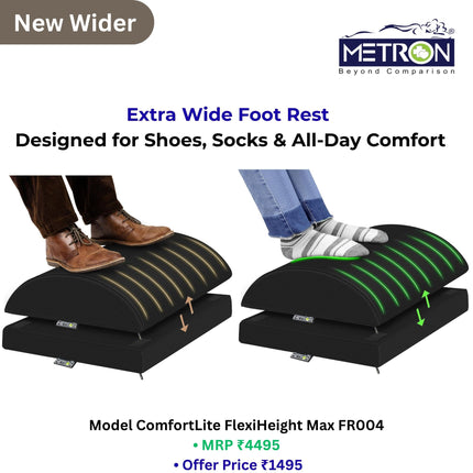 Foot rest suitable for shoes and socks providing all day comfort while working at desk or home