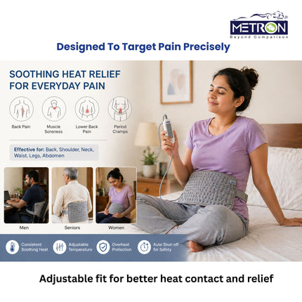 Heating pad used for back pain lower back pain muscle soreness and period cramps with effective heat therapy solution by Metron