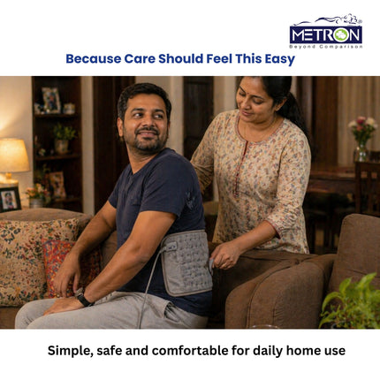Family helping apply heating pad for back pain relief at home showing easy and comfortable daily care solution by Metron