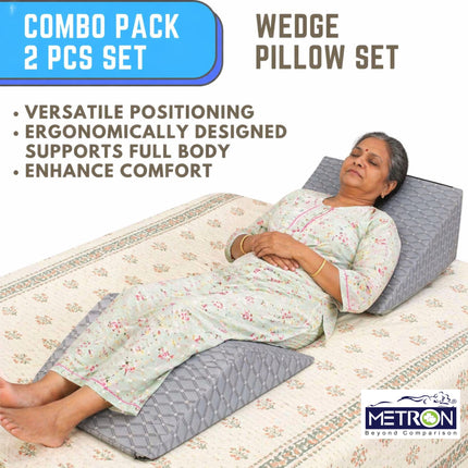 elderly woman resting in elevated sleeping position for recovery comfort and reduced body strain using wedge pillow Metron