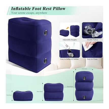inflatable foot rest with adjustable height and compact size suitable for travel and easy storage