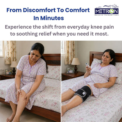 Woman experiencing knee pain and later getting relief using heat therapy at home for joint stiffness metron