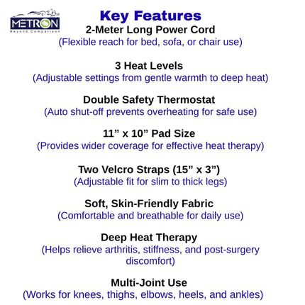 Knee pain support solution suitable for different leg sizes used for heat therapy relief at home metron