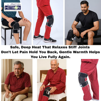 Men using knee support with heat therapy for pain relief and comfort during sitting and daily activities metron