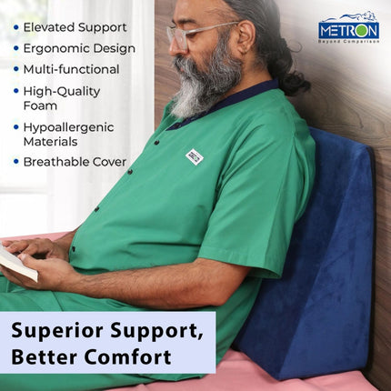 Metron wedge pillow for back support while sitting in bed reading working or relaxing at home